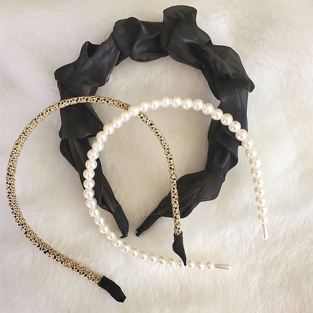 Headband Trio Black chiffon Gold tone Faux Pearls NEW